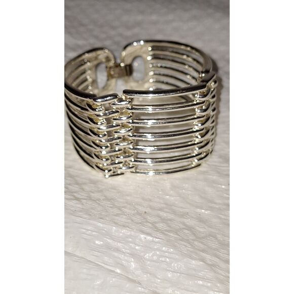 Women's Cuff Bracelet Metallic Accent Layered Silver Tone Hinged Runway - Picture 3 of 8